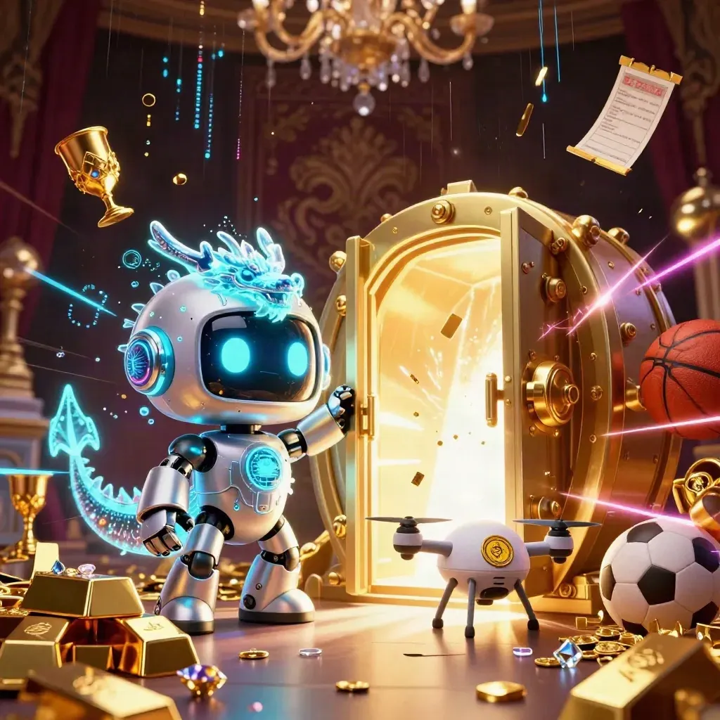 Robot, drago olografico e drone tra forziere d'oro, gemme e luci neon in stile casino.