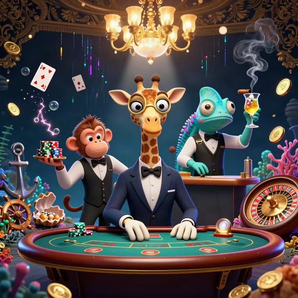Giraffa, scimmia e camaleonte in un casinò dorato tra monete, lampadario e carte fluttuanti