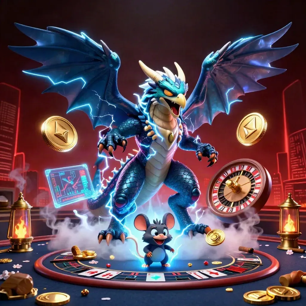 Drago elettrico, falco e topo tra ruota, tavolo e monete in luce navy e oro.