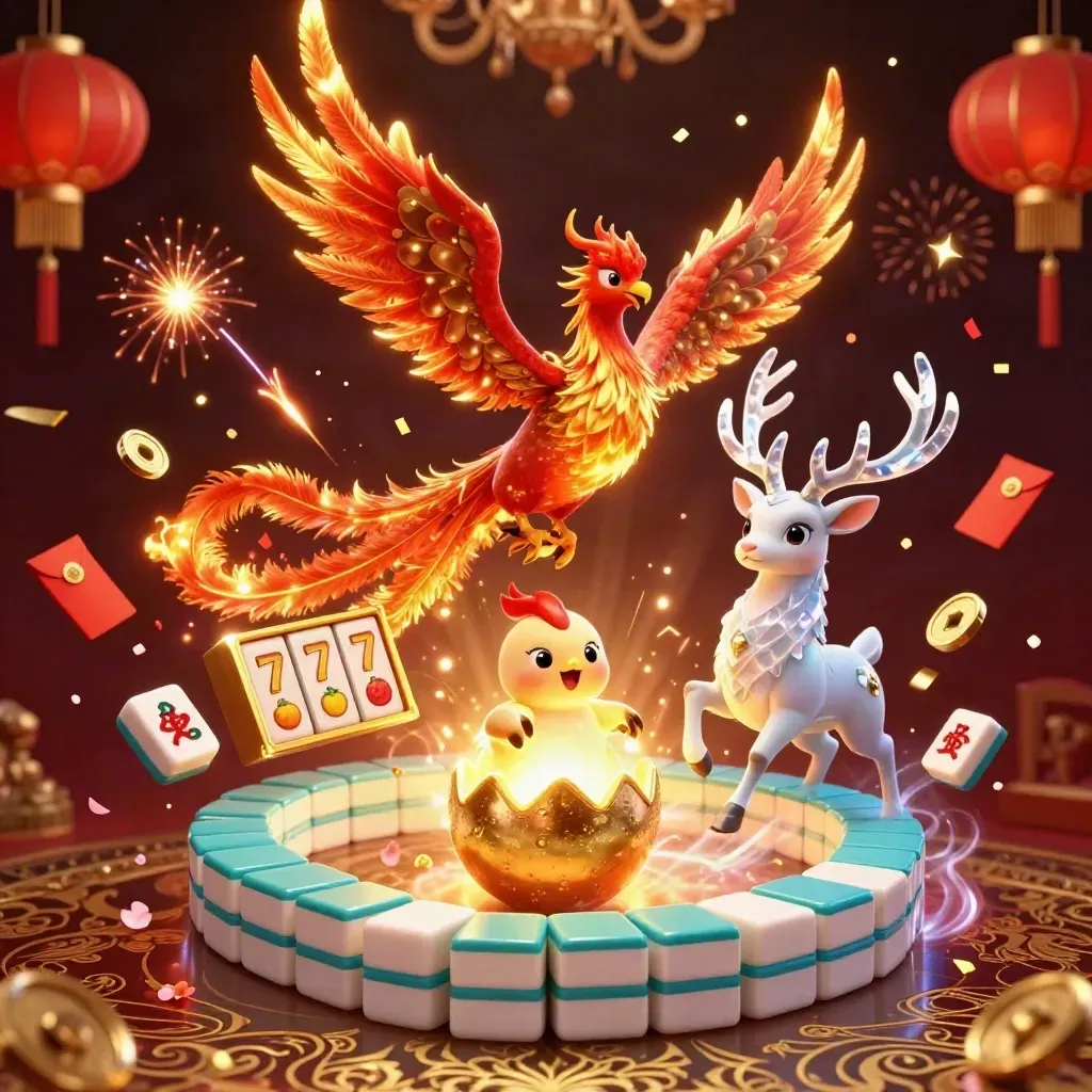 Fenice di fuoco, cerbiatto cristallino e pulcino d’oro tra simboli da casinò.