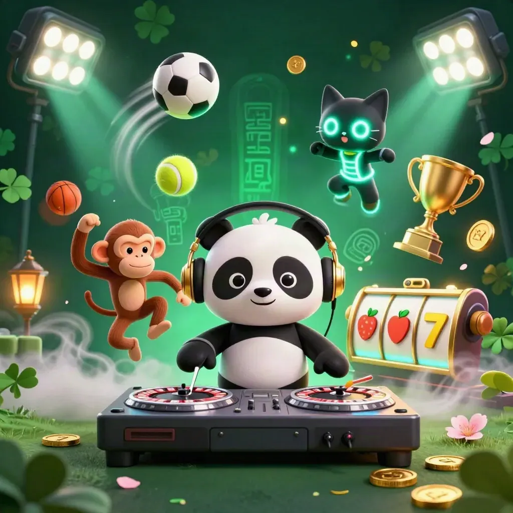 Tre animali cartoon in festa tra trofei, palle sportive e luci teal su fondo scuro.
