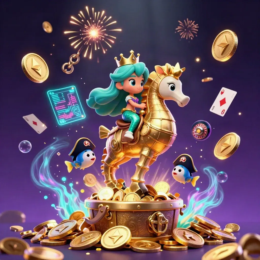 Sirena principessa su cavalluccio marino d’oro, pesci pirata, monete e bagliori.