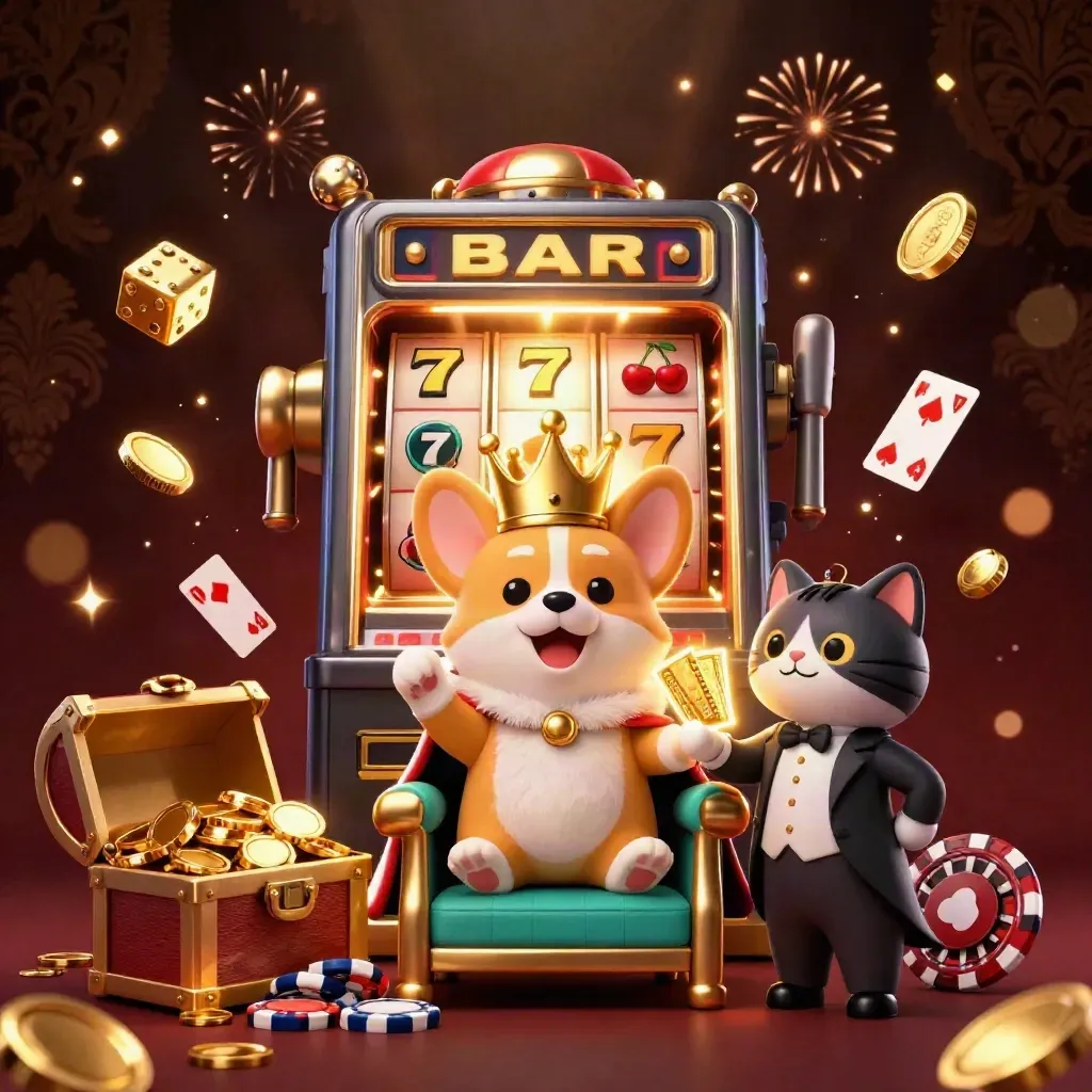 Corgi re e gatto maggiordomo tra slot, monete d’oro e fuochi dorati su sfondo regale.