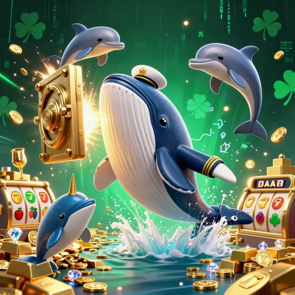 Balena capitano, narvalo e delfini tra monete, tesoro e bagliori verdi e oro.
