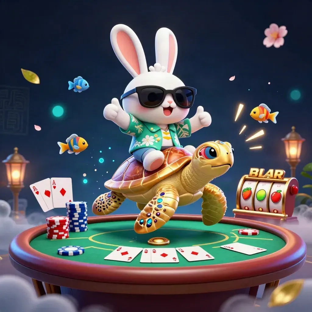 Coniglio fortunato su tartaruga d’oro tra fiches, carte, slot e bagliori blu.