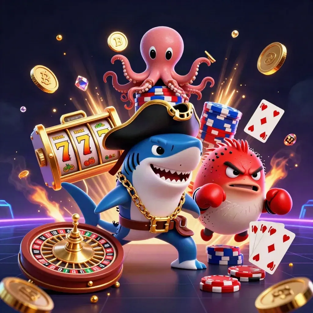 Squalo pirata 3D con pesce palla e polpo tra monete, carte, ruota roulette e luci neon.